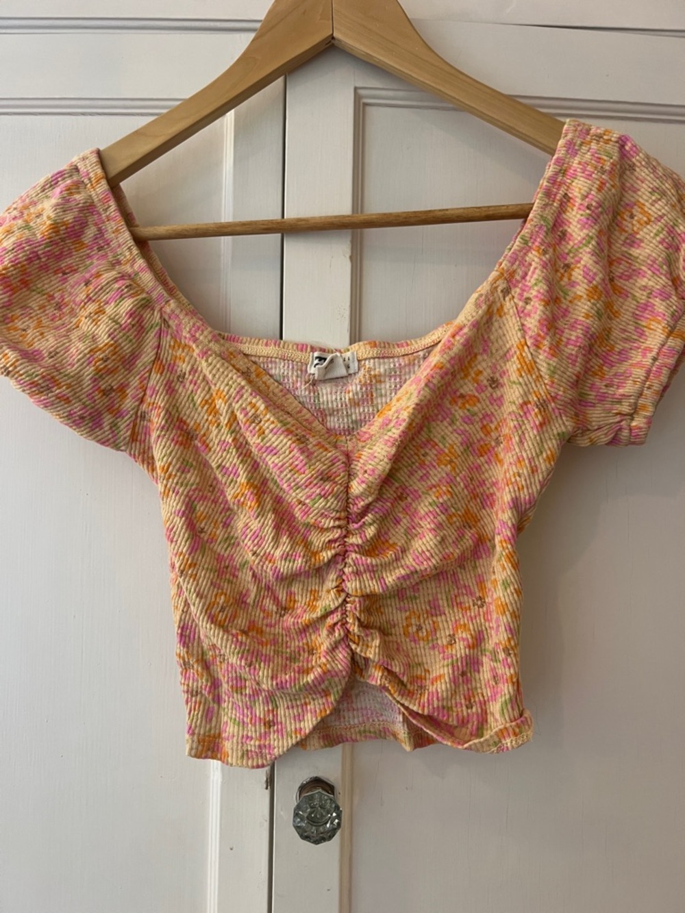 Billabong Ruched Floral Knit Crop Top - Pink & Yellow